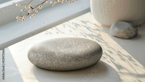 Mockup packaging polished river stone paperweight, artisanal and organic office supplies branding, personalized paperweight insert text, free copy space photo