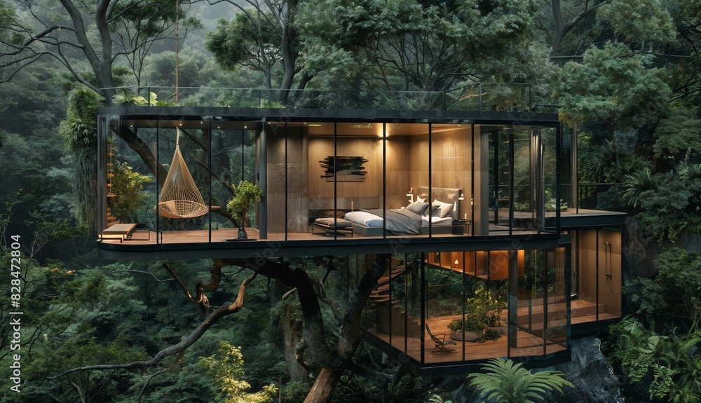 Minimal glass-enclosed treehouse in a secluded forest, simple yet sophisticated design allowing for unparalleled connection to nature Minimal glass-enclosed treehouse in a secluded forest, simple yet sophisticated design allowing for unparalleled connection to nature