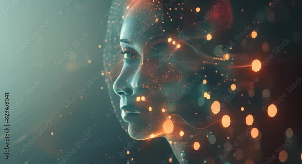 A graphic visualisation of a human head overlaid with digital data and ...