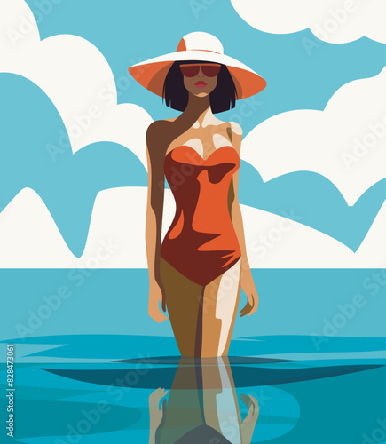  Vector flat illustration. A girl in the summer in the tropics in glasses, a hat and a red swimsuit on vacation swims and sunbathes in the ocean sea pool. Tanned woman