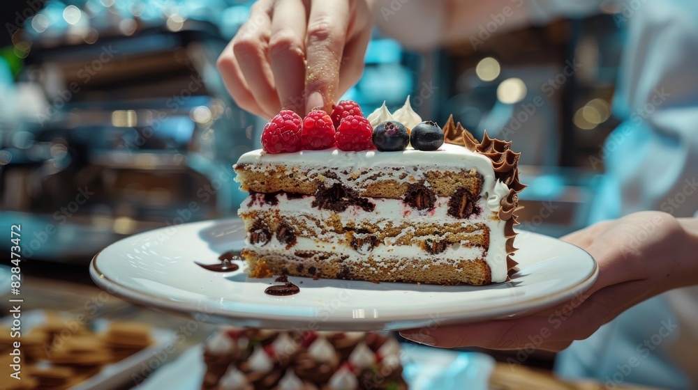 Barista serving a decadent slice of cake with intricate decoration in a cozy coffee shop setting, Created with Generative AI.