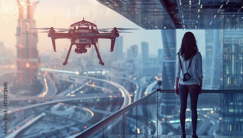 Woman navigating autonomous drone, surprised woman on the platform photo