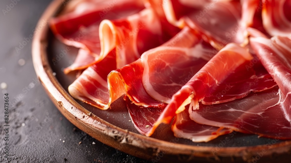 Closeup of a plate of thinly sliced jamon serrano, a traditional Spanish dry-cured ham. Closeup of a plate of thinly sliced jamon serrano, a traditional Spanish dry-cured ham.