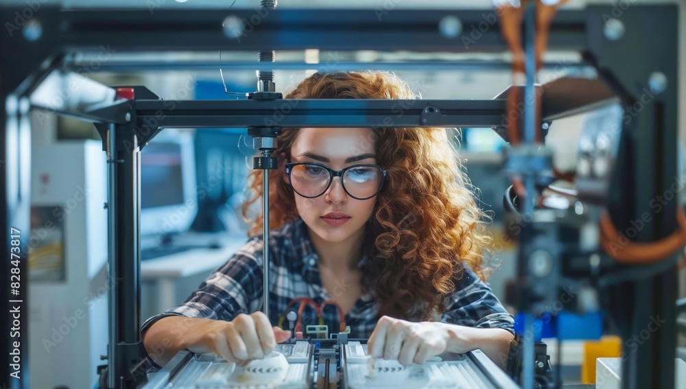 Fototapeta premium Woman operating industrial 3D printer, surprised woman on the platform