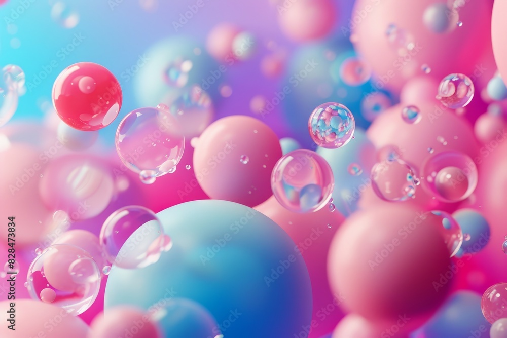 A colorful image of pink and blue spheres floating in the air A colorful image of pink and blue spheres floating in the air