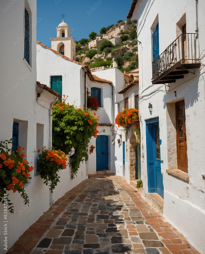 Naklejka premium Mediterranean Street with White-Washed Buildings, Blue Doors, and Vibrant Flower Pots in a Quaint Village