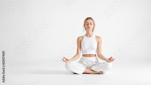 Woman in white meditating in lotus pose