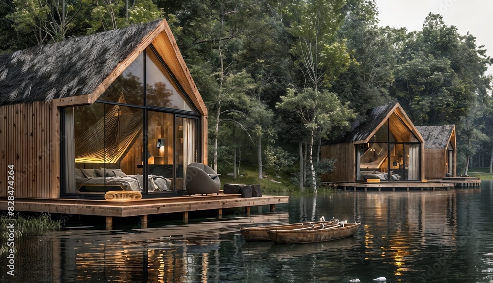 Obraz premium Glamping huts suspended over a serene lake, floor-to-ceiling windows providing unobstructed vistas of the calming waters