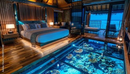 Fototapeta Naklejka Na Ścianę i Meble -  Luxury overwater villa with glass floor panels, unparalleled views of the vibrant coral reef below