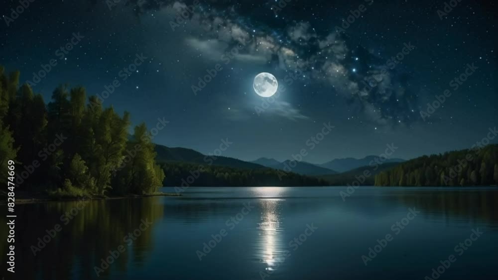 Moonlit Lake with Starry Night Sky Reflection
Moonlit Lake with Starry Night Sky Reflection