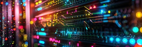 A close-up shot of a server with intricate circuitry illuminated with colorful data streams, representing complex data processing.