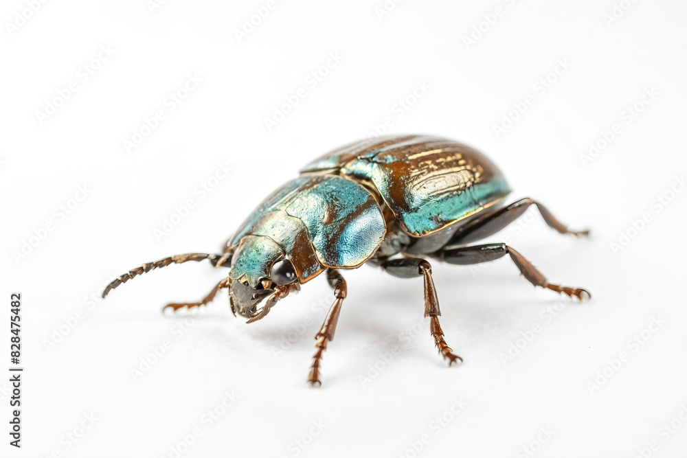 Closeup of a blue and brown beetle on a white background Closeup of a blue and brown beetle on a white background