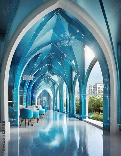 magnifique salon bleu dans un cloitre avec grands baies vitrées en ia photo