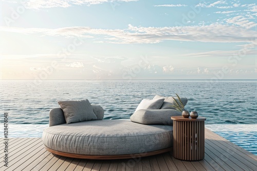 View of daybed with side table and wood terrace on sea view background. 3D rendering.  photo