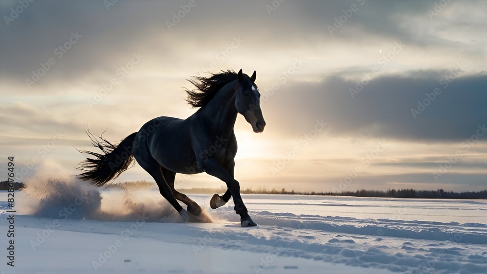 Black horse running in winter Black horse running in winter