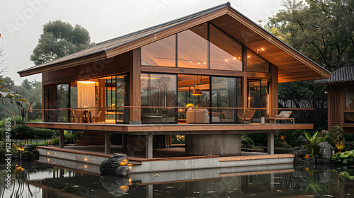 photo of unique small home 1story and flora garden around area , cement half woo main material, located in the middle of the rice field in rural Thailand. Ai Generated