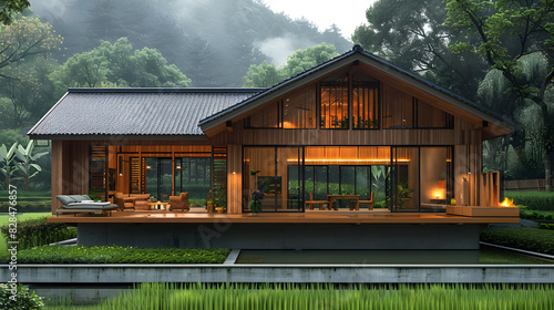 photo of unique small home 1story and flora garden around area , cement half woo main material, located in the middle of the rice field in rural Thailand. Ai Generated