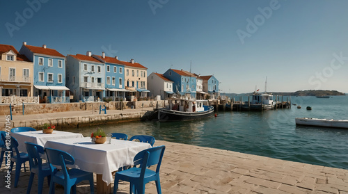 Scenic Waterfront Village with Colorful Buildings  Boats  and Outdoor Dining in a Mediterranean Setting