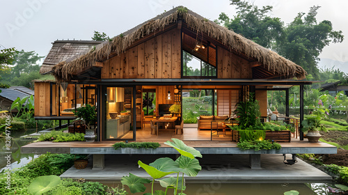 photo of unique small home 1story and flora garden around area , cement half woo main material, located in the middle of the rice field in rural Thailand. Ai Generated