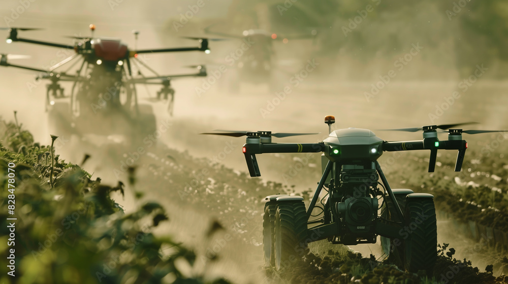 A field of green plants is being tended to by a tractor and two drones. The drones are flying above the tractor, possibly collecting data or monitoring the crops. Concept of modern technology
