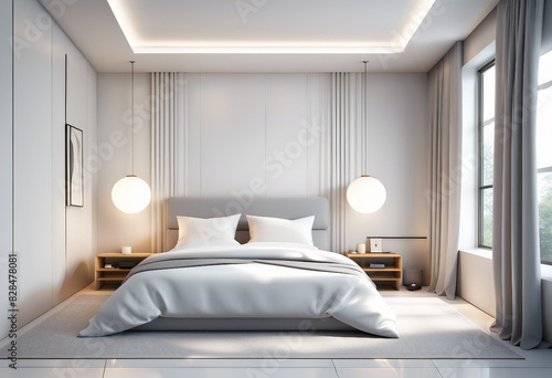 minimalist bedroom design with white sheets and bright colors  luxury hotel concept 