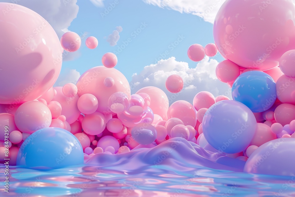 Pink and blue spheres floating in the water Pink and blue spheres floating in the water
