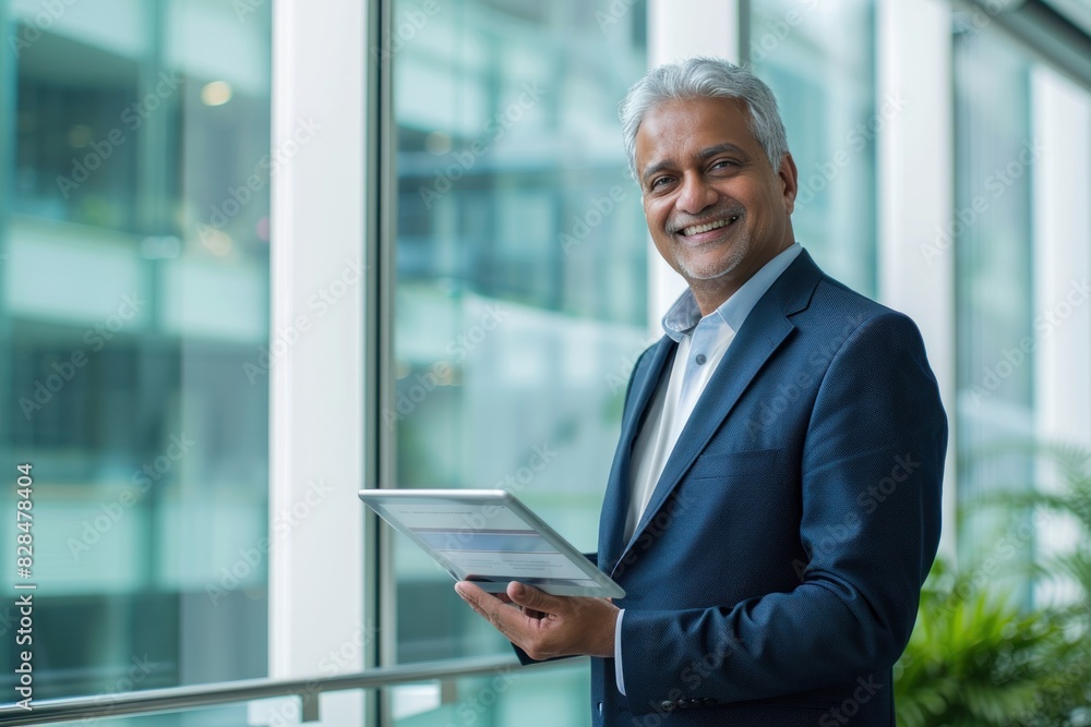 indian businessman holding tablet standing at office indian businessman holding tablet standing at office