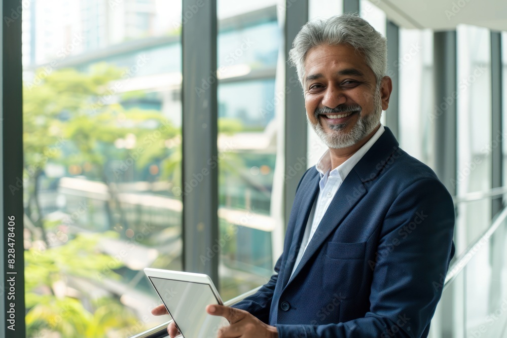 indian businessman holding tablet standing at office indian businessman holding tablet standing at office