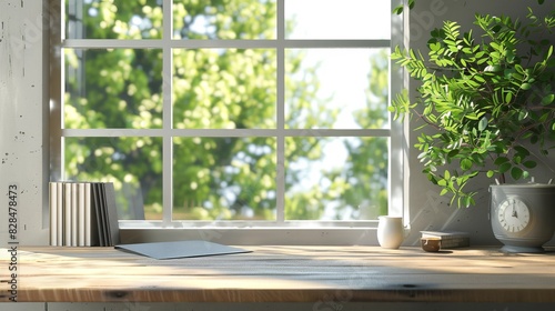 A vacant desk with a springtime window and a green plant