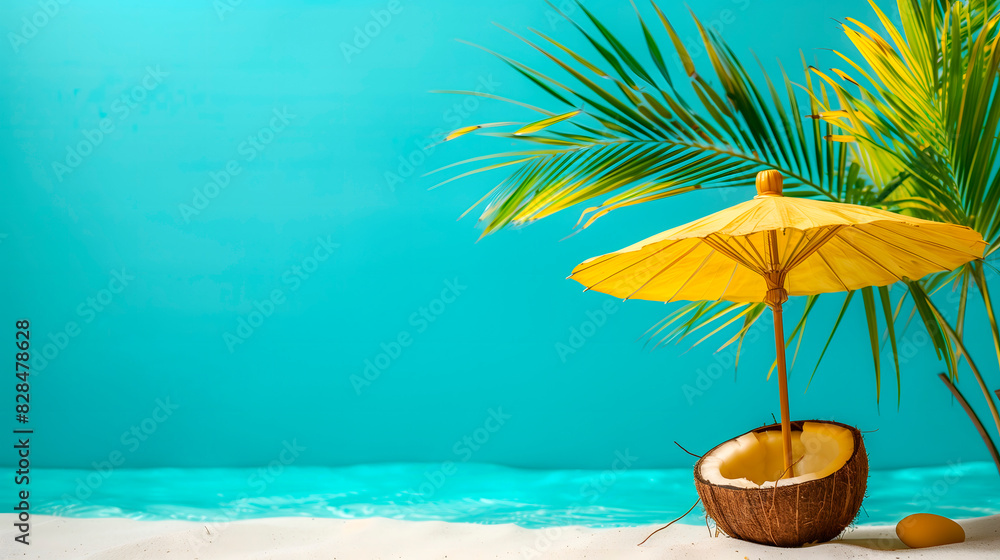 Obraz premium Coco con sombrilla amarilla en playa tropical