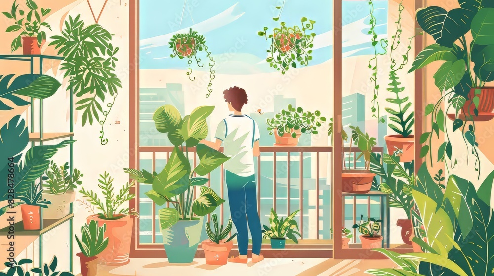 Man Relaxing Among Indoor Plants on Balcony with Cityscape View Man Relaxing Among Indoor Plants on Balcony with Cityscape View