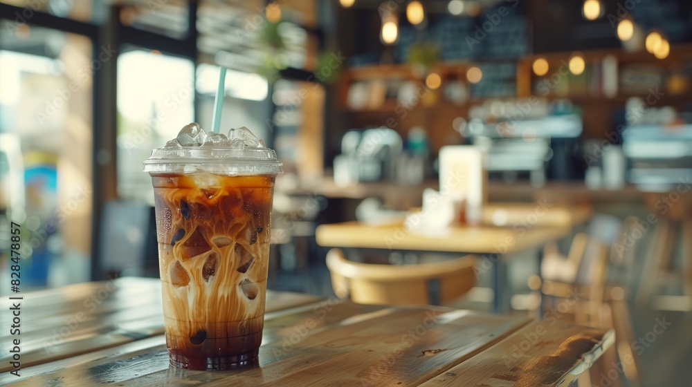A plastic cup of iced coffee resting on a wooden table. Coffee shop has cold espresso and copy space. Glass for beverage in the restaurant is frozen.   vintage interior decoration.