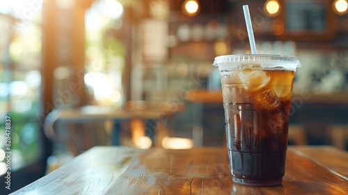 A plastic cup of iced coffee resting on a wooden table. Coffee shop has cold espresso and copy space. Glass for beverage in the restaurant is frozen.   vintage interior decoration. photo