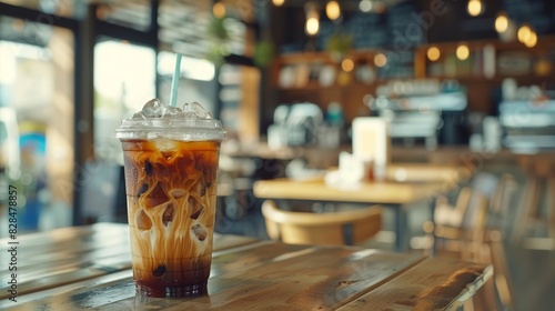 A plastic cup of iced coffee resting on a wooden table. Coffee shop has cold espresso and copy space. Glass for beverage in the restaurant is frozen.   vintage interior decoration. photo