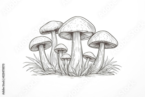 Hand drawn illustration of a group of mushrooms in a forest