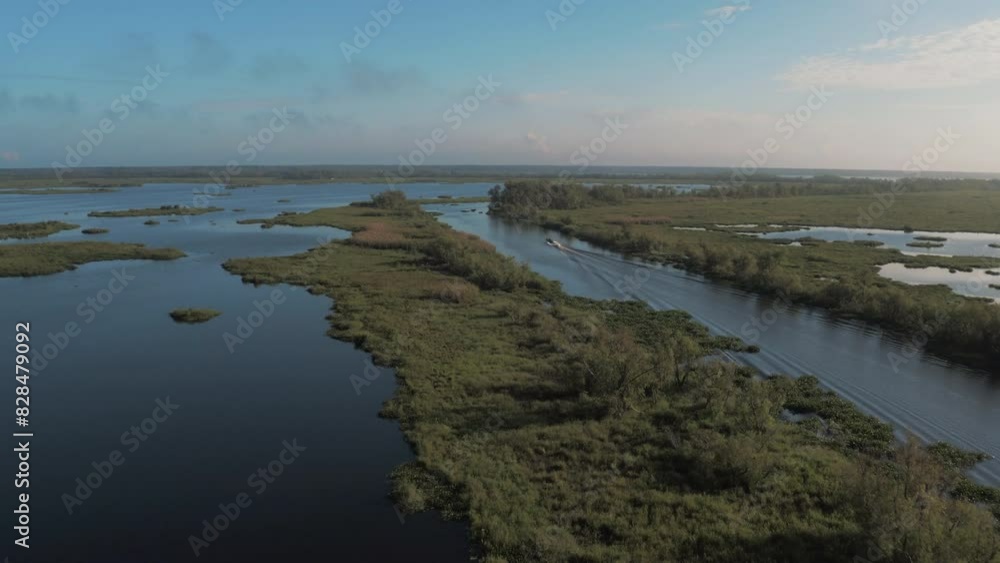 Aerial Forward Scenic Shot Of Motorboat Moving On Bayou Against Cloudy Sky - Bayou Vista, Texas Aerial Forward Scenic Shot Of Motorboat Moving On Bayou Against Cloudy Sky - Bayou Vista, Texas