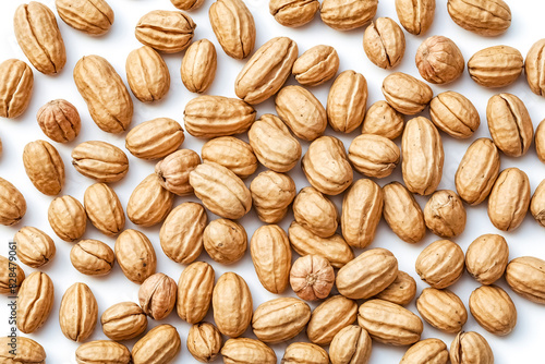Close-up of Shelled Pecans on White Background photo