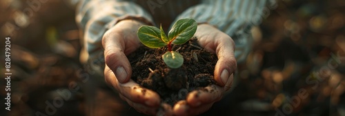 Young plant sprouting from soil in hands cradle, growth and care plant, dirt-covered hands seedling