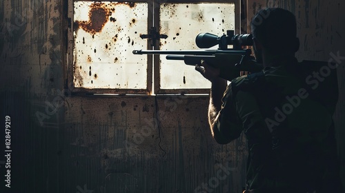 A sniper rifle is aimed by one individual at the silhouetted target that is fastened to the wall in front of him. Man using a pneumatic air gun in a shot photo