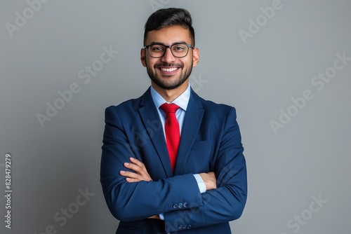 Young indian businessman in blue color suit standing confidently and smiling