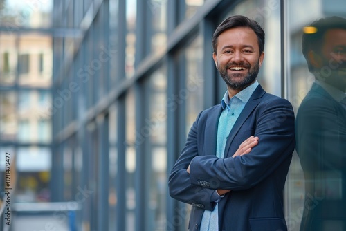 smiling Indian businessman standing against business building.