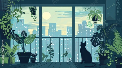 Cozy Room with Cat Overlooking Scenic Cityscape with Indoor Plants and Large Windows