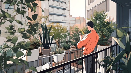 Man Relaxing on a Lush Balcony with Plants in a Modern City Setting