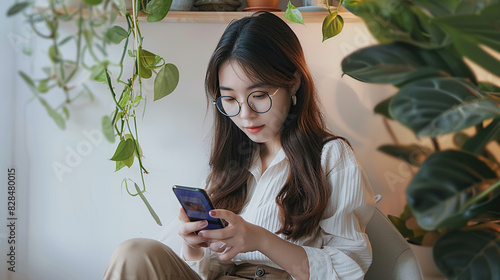 An East Asian girl leaned against a white wall, looking at her phone. She is wearing a pair of exquisite glasses, long hair, and a long skirt photo