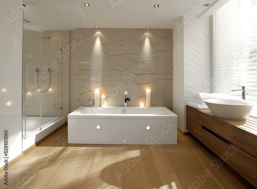 Modern Bathroom: Luxurious Comfort with a Bathtub, Walk-in Shower and Natural Lighting