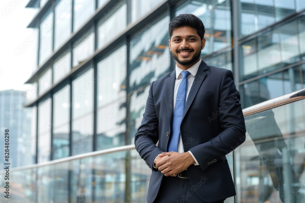 smiling Indian businessman standing against business building. smiling Indian businessman standing against business building.