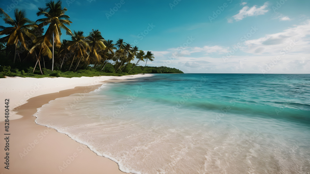 A pristine tropical beach with wood bed white sand and crystal-clear turquoise water. Palm trees line the shore, gently swaying in the breeze. The sky is bright blue with a few fluffy clouds, A pristine tropical beach with wood bed white sand and crystal-clear turquoise water. Palm trees line the shore, gently swaying in the breeze. The sky is bright blue with a few fluffy clouds,