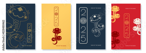 Happy Chinese New Year 2025 with Snake zodiac card template. Lunar new year sign. Paper cut style on white background. Chinese text means "Year of the Snake".