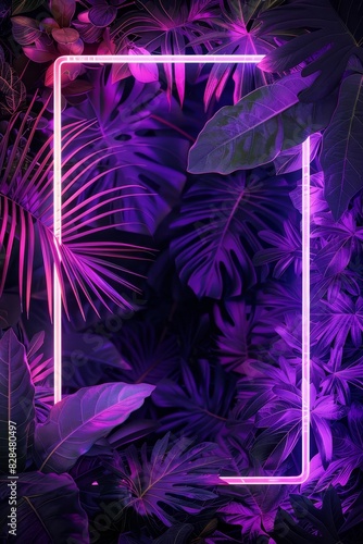 Neon light frame with tropical leaves  laser border  shiny night banner  led design