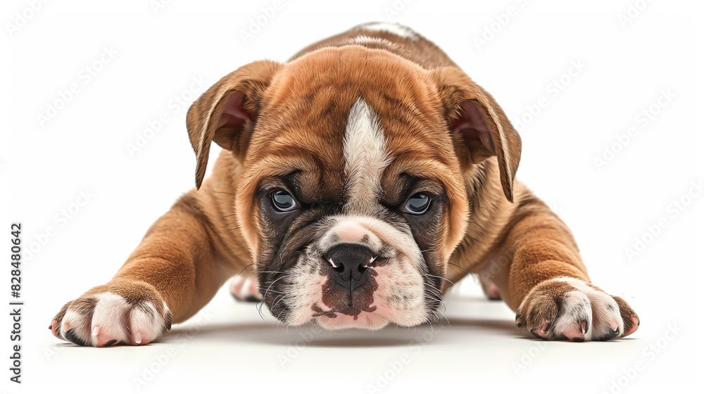 An angry-looking Bulldog puppy isolated on a white background, emphasizing its wrinkled face and expressive eyes.